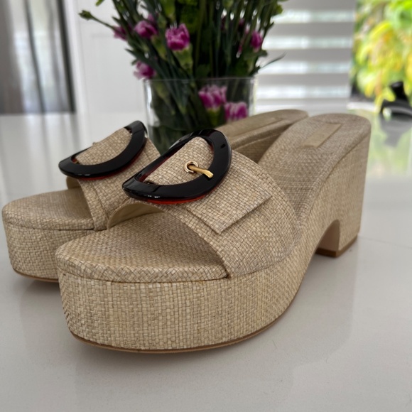 Cult Gaia Cleia Platform Wedge Mules Natural Raffia Sandals Block Heel Shoes - Picture 1 of 12